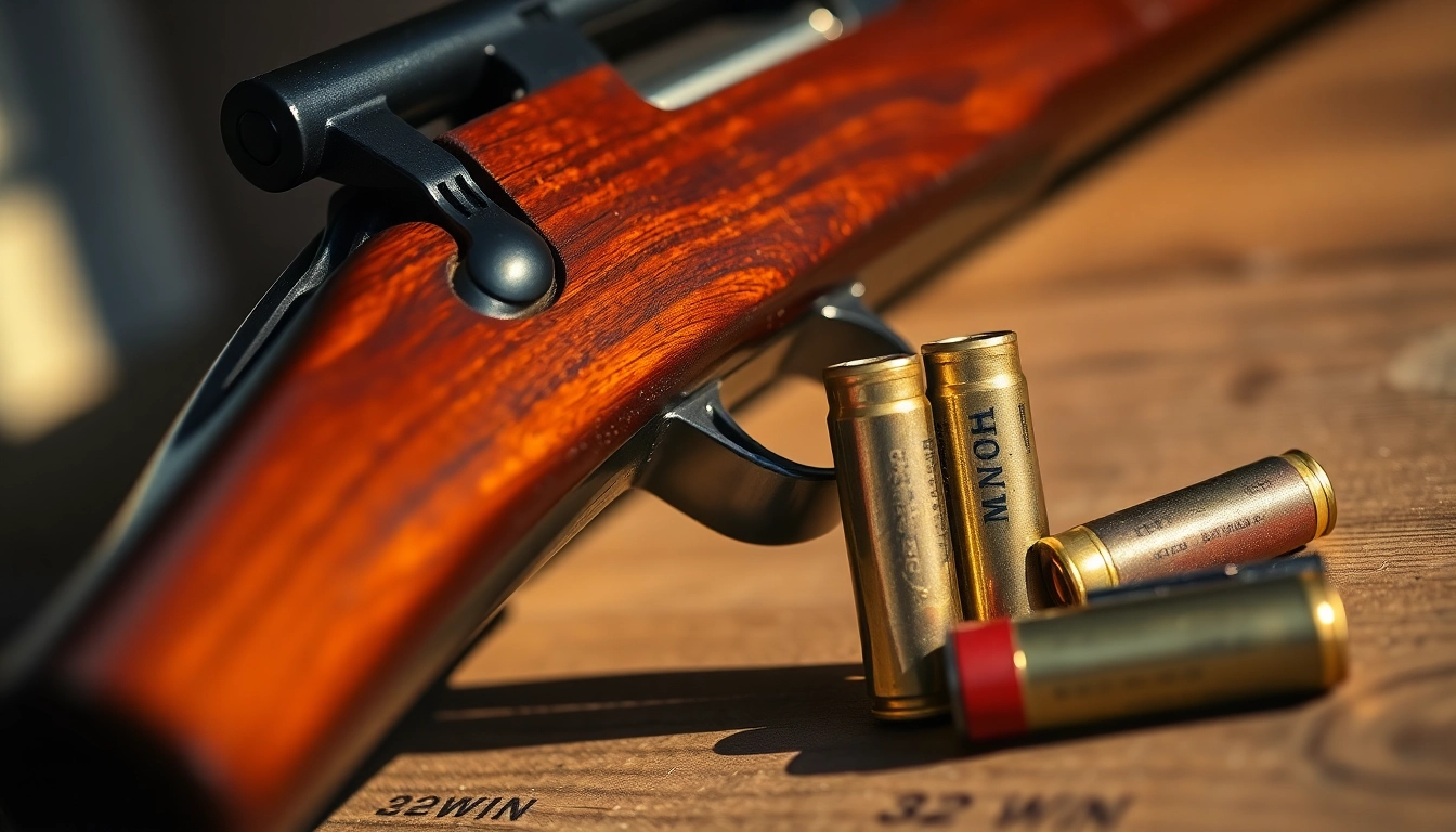 Authentic 32WIN cartridge with Winchester rifle in vintage setting, highlighting cartridge details and craftsmanship.