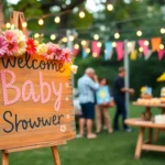 Colorful baby shower welcome sign displayed outdoors with floral decorations and a rustic stand, inviting guests warmly.