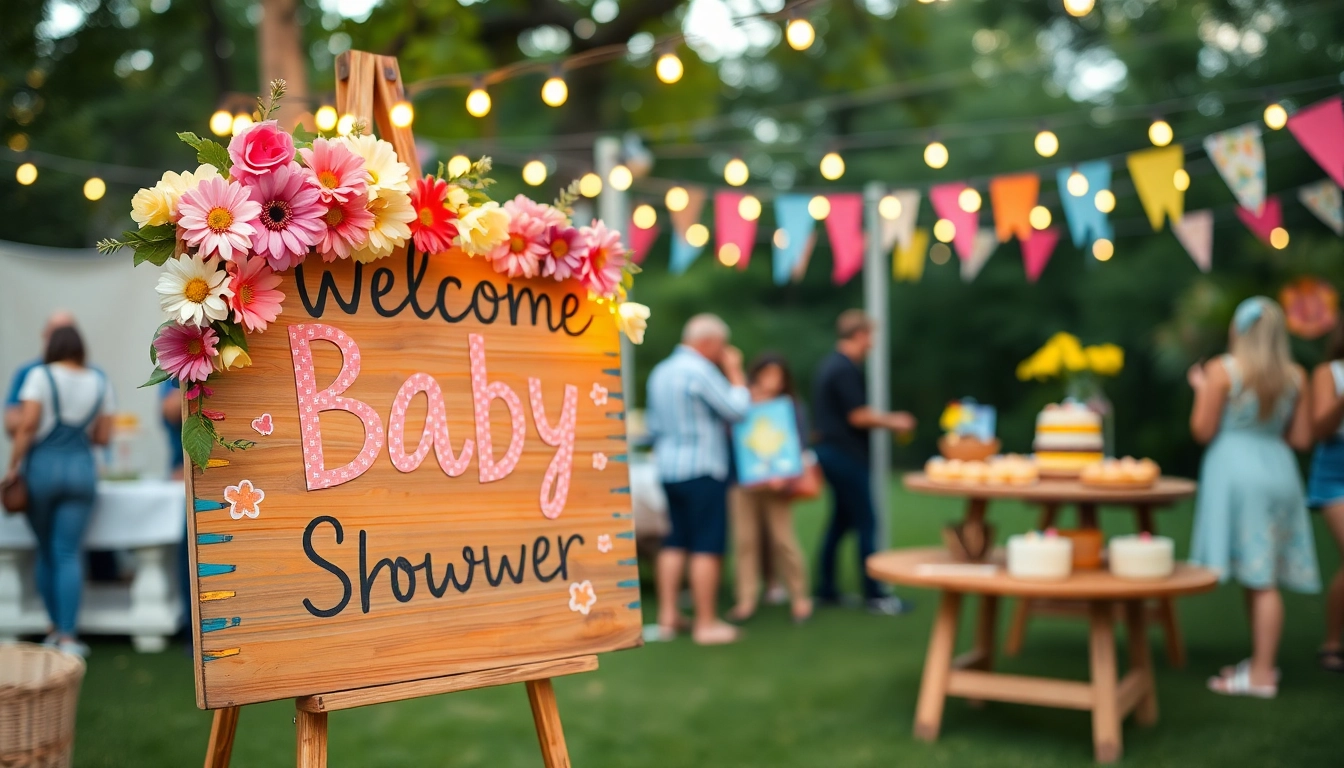 Colorful baby shower welcome sign displayed outdoors with floral decorations and a rustic stand, inviting guests warmly.