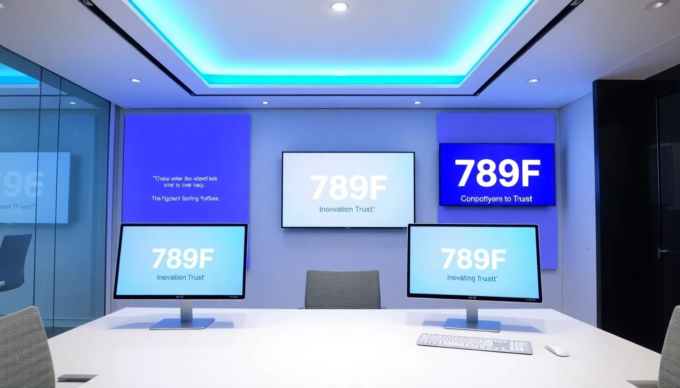 789F branding on a sleek digital display in a high-tech office environment, emphasizing professionalism and trustworthiness for users.