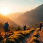 Group of hikers enjoying a scenic hike through lush mountains in Indonesia, showcasing adventure and nature exploration.