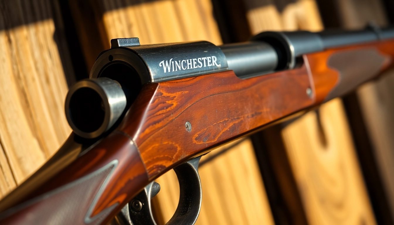 Close-up of a classic Winchester rifle showcasing the 32WIN cartridge, highlighting historical firearm details and craftsmanship.