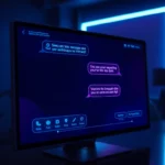 Futuristic AI chat interface with glowing dialogue bubbles in a dark, neon-lit environment.