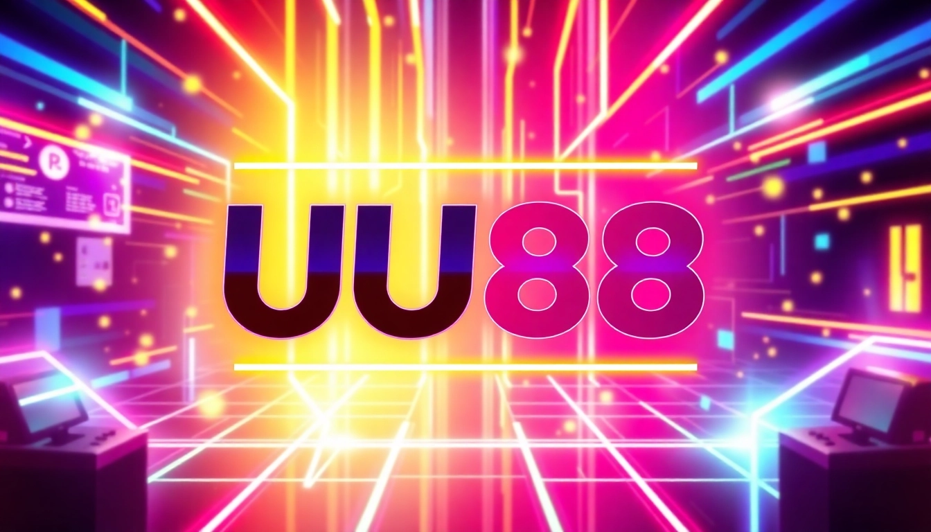 Engaging visual featuring the UU88 logo with vibrant neon effects, representing online gaming and digital entertainment effectively.