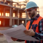 Experienced contractor inspecting site plans to ensure quality and progress on a commercial construction project.
