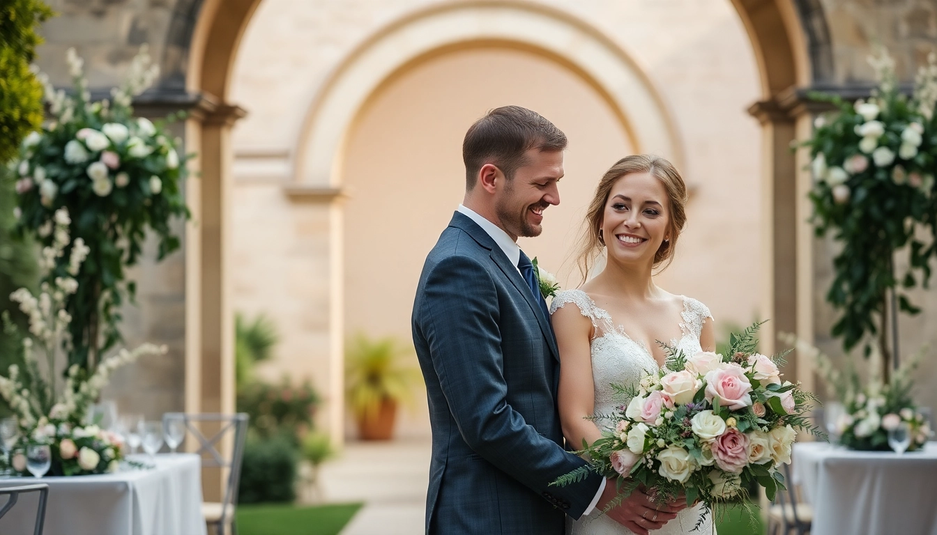 Photographe mariage Liège capturing joyful couple during outdoor wedding ceremony in historic setting