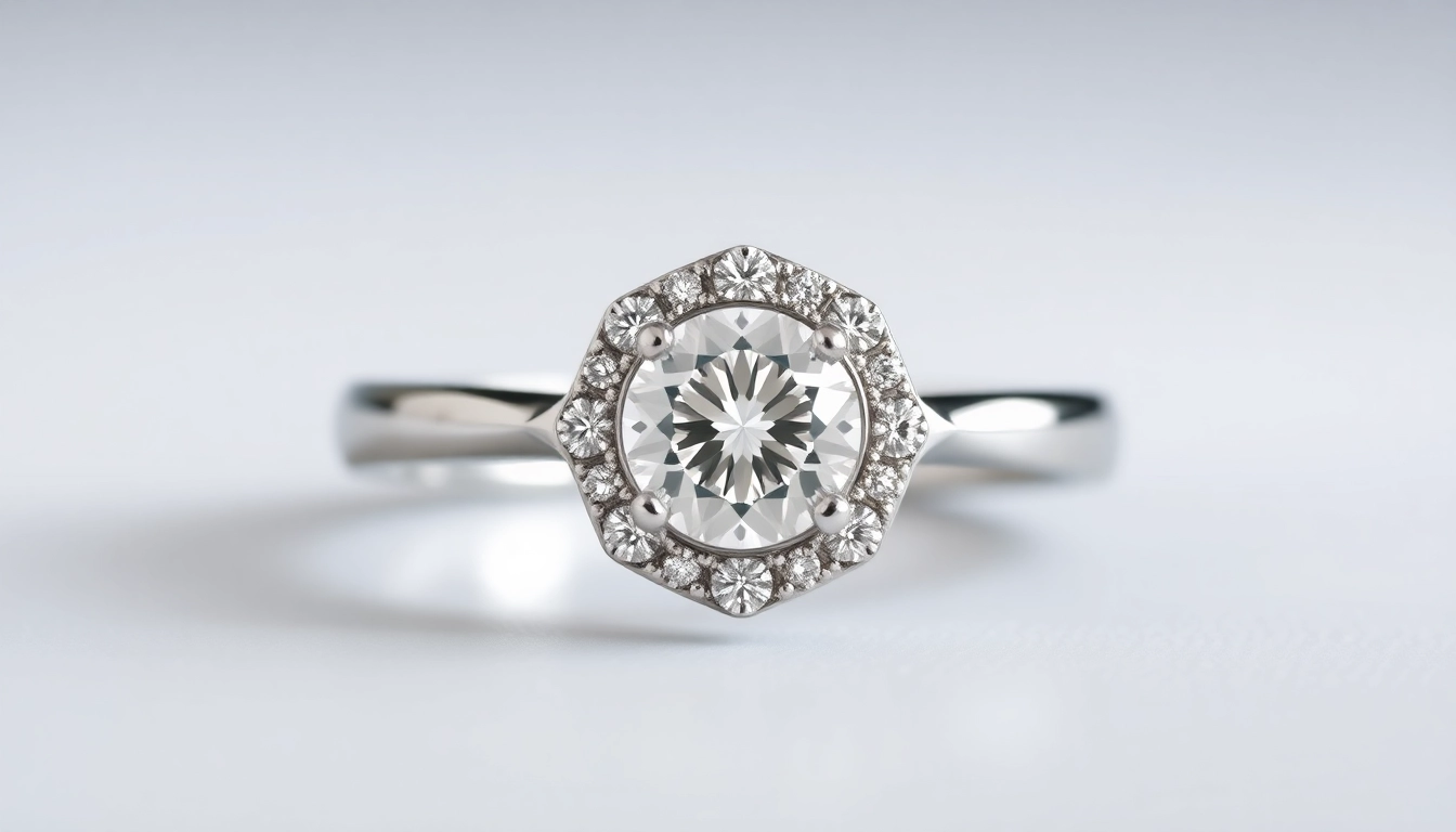 Elegant white gold engagement ring featuring a sparkling center diamond in a contemporary halo setting, perfect for proposals.