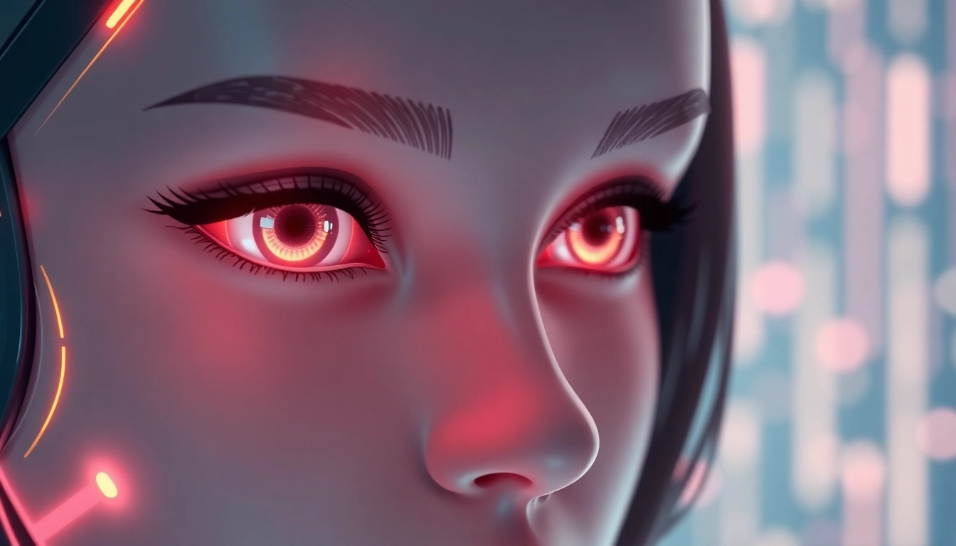AI girlfriend engaging in a realistic chat on a sleek device with vibrant, warm lighting highlighting emotional connection and high-tech design.