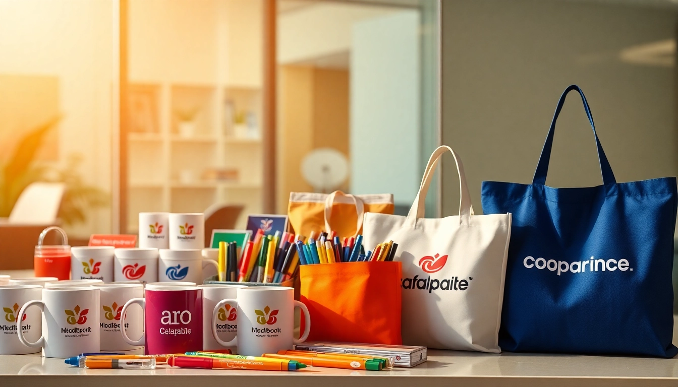 판촉물 제작과 디자인이 돋보이는 다양한 기념품, 사은품, 홍보물들이 세련되게 배치된 사진으로 브랜드 홍보에 적합합니다.