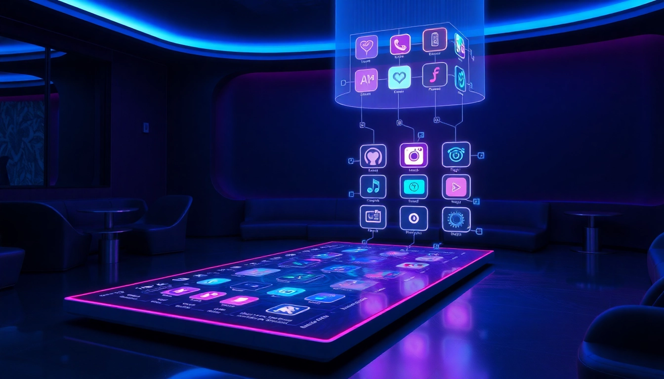 Futuristic digital interface with AI sexting app icons in a high-tech lounge setting