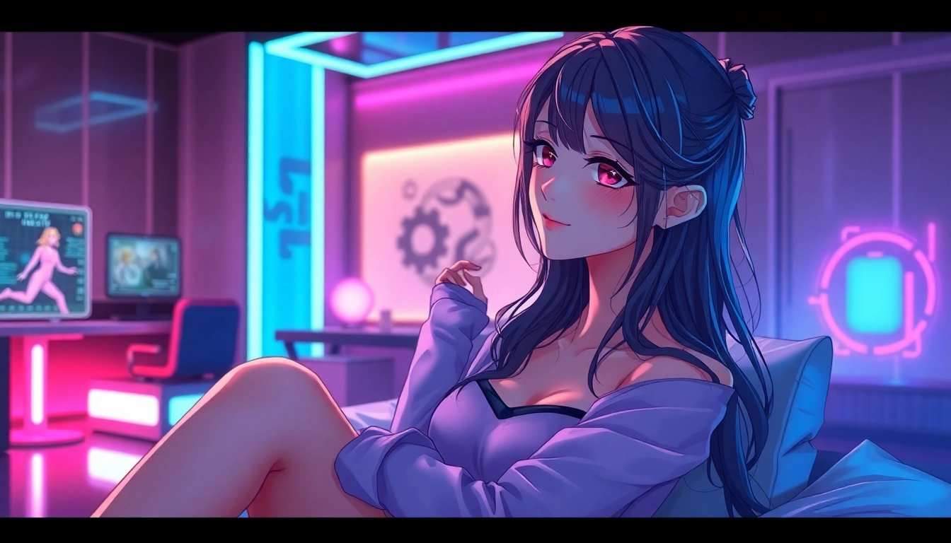Anime-style AI girlfriend sitting in a futuristic room with neon lights and holographic interfaces