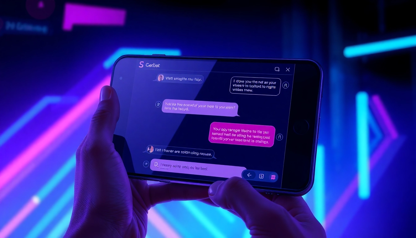 Futuristic AI chatbot interface on a sleek device with neon lights and suggestive conversation bubbles.