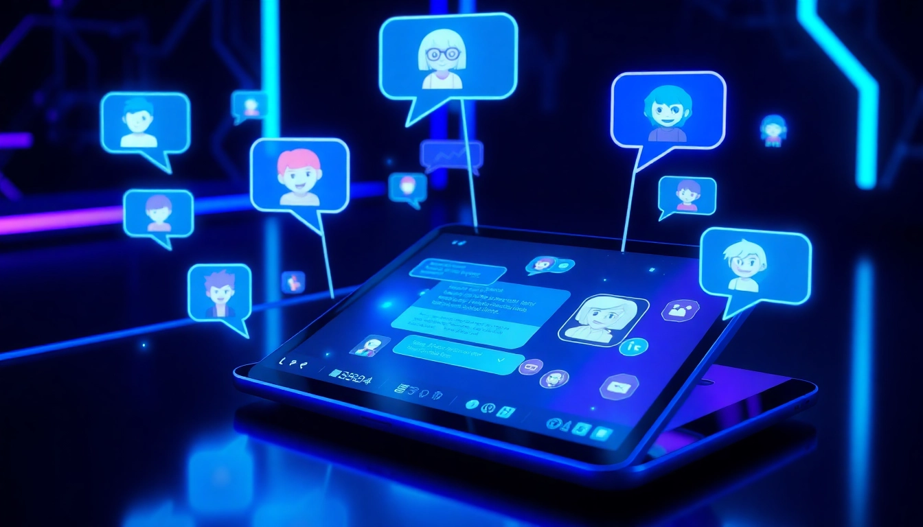 Futuristic digital chatbot interface with holographic characters and neon accents on a tablet screen.
