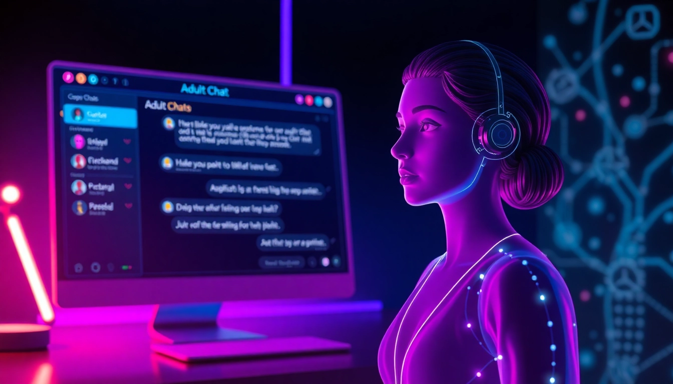 Futuristic AI adult chat interface with holographic avatar and digital data streams.