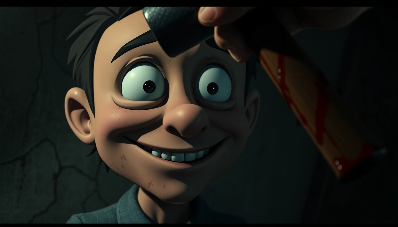 A disturbing scene of Harvey, a cheerful character, in a dark environment with a hand holding a bloody hammer above him, conveying moral tension and suffering.