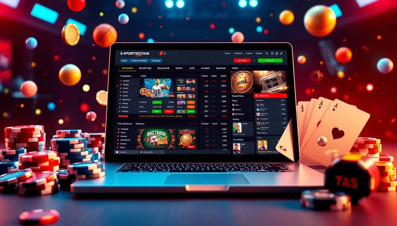 An illustration of a modern online sportsbook and casino platform on a digital device, with sports and casino elements surrounding it.