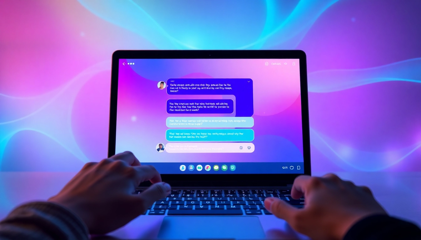 Close-up of a person using a laptop to chat with an AI character in a modern digital interface.