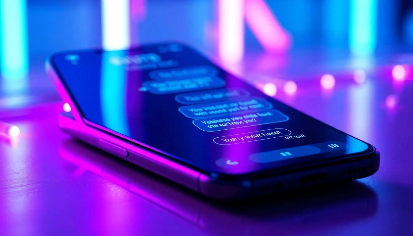 Digital illustration of a smartphone displaying a chatbot interface with neon accents and suggestive chat bubbles.