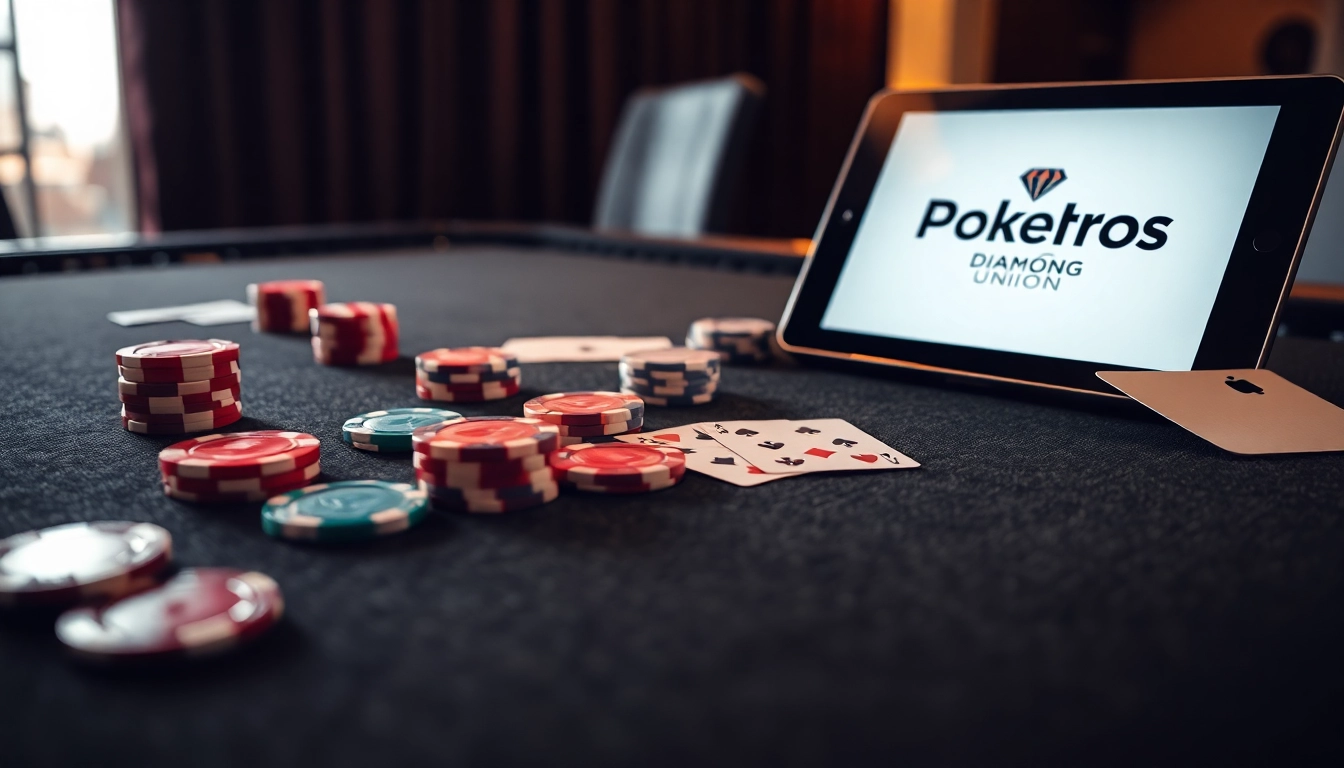 Pokerbros Diamond Union online poker club with chips and cards on a vibrant gaming table for engaging gameplay.