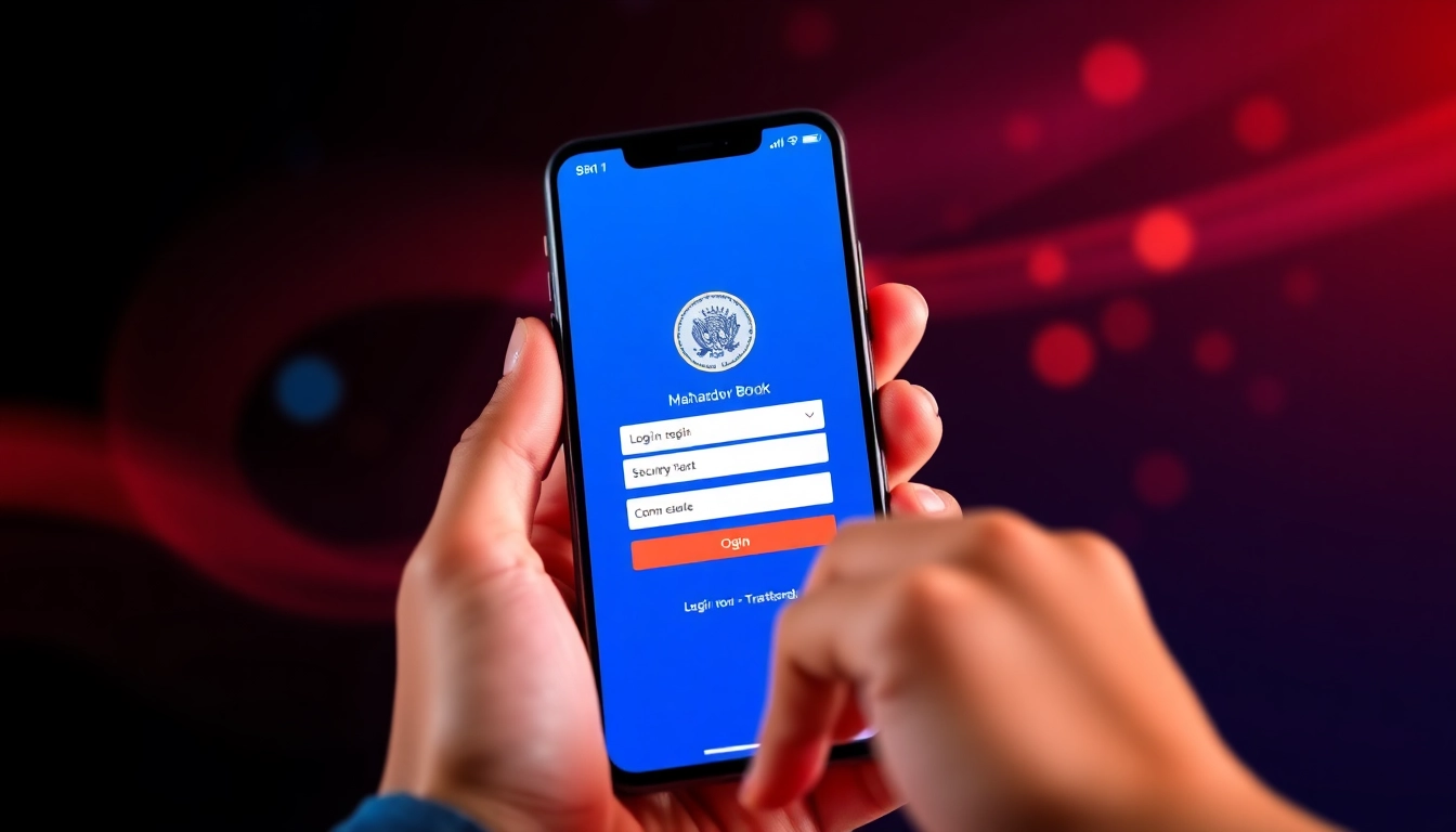 Secure Mahadev book login process with user entering credentials on smartphone, emphasizing