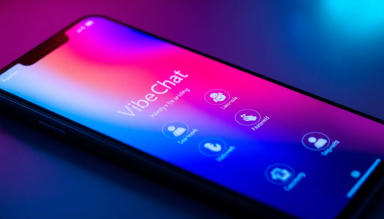 VibeChat app interface showing anonymous chat screen with vibrant colors and user icons,