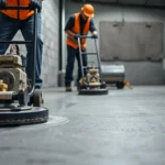 Skilled technicians performing floor preparation in Birmingham with diamond grinding equipment,