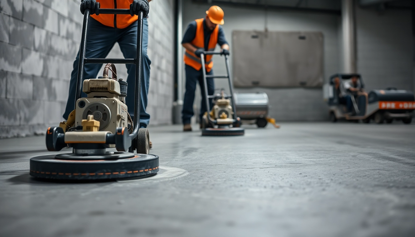 Skilled technicians performing floor preparation in Birmingham with diamond grinding equipment,