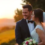 Professional eskuvo fotos captures natural and creative wedding moments outdoors at sunset