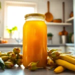 Tamarind Concentrate in a glass jar with fresh tamarind pods on a rustic wooden table,