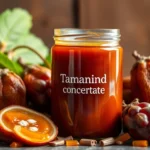 Tamarind Concentrate in a jar displayed with fresh tamarind pods for authentic flavor highlighting