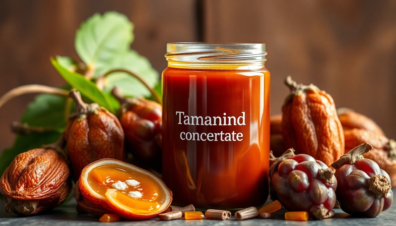 Tamarind Concentrate in a jar displayed with fresh tamarind pods for authentic flavor highlighting