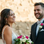 Professional eskuvo fotos photographing happy couple during outdoor ceremony with natural light